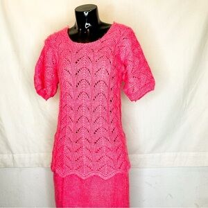 Vintage Hot Pink Knit Set Top Skirt Barbiecore XL